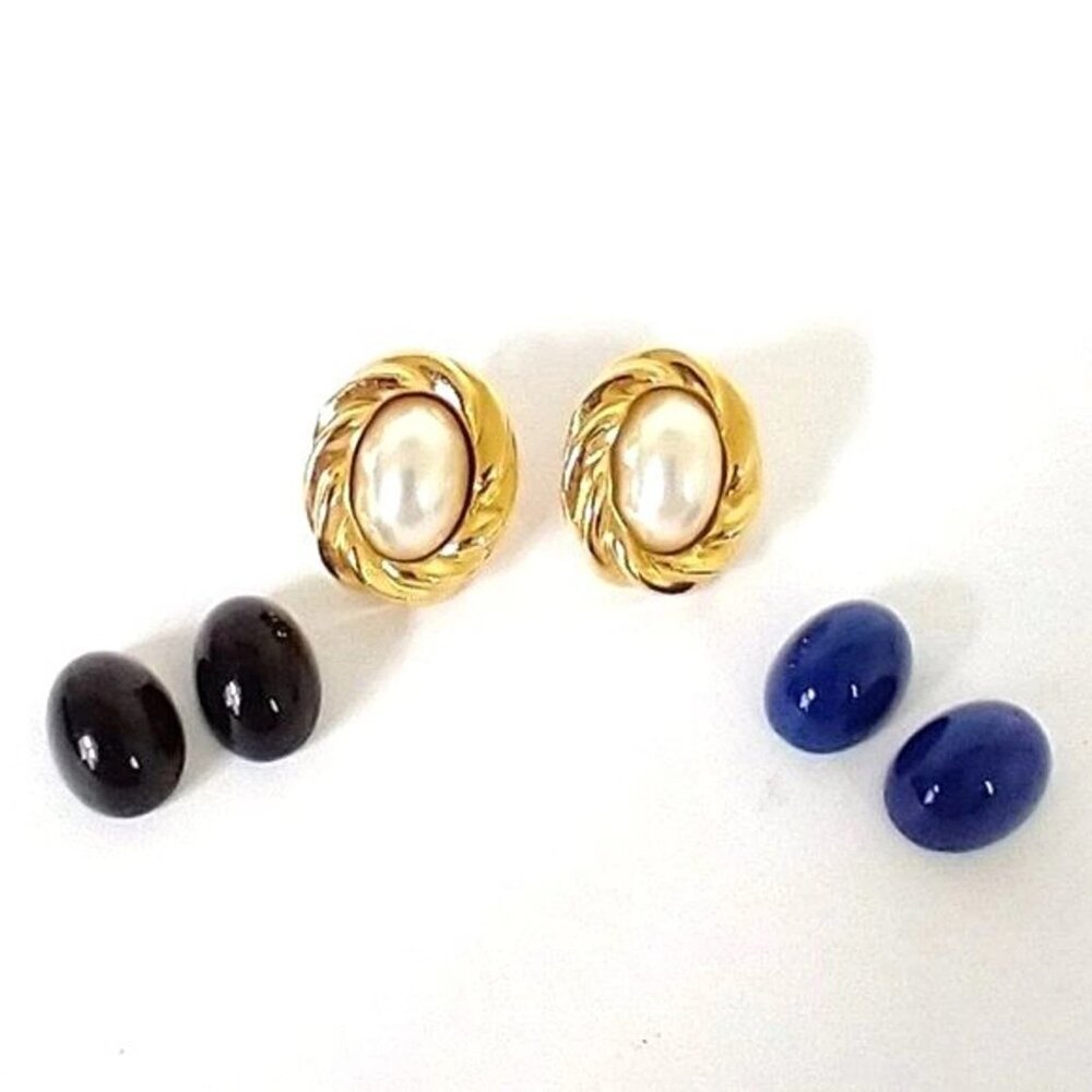 Kenneth Jay Lane For Avon Changeable Earrings Gold Black Blue Pearly EUC 32931